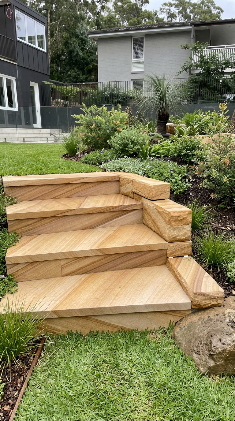 Chevron-laid sandstone treads