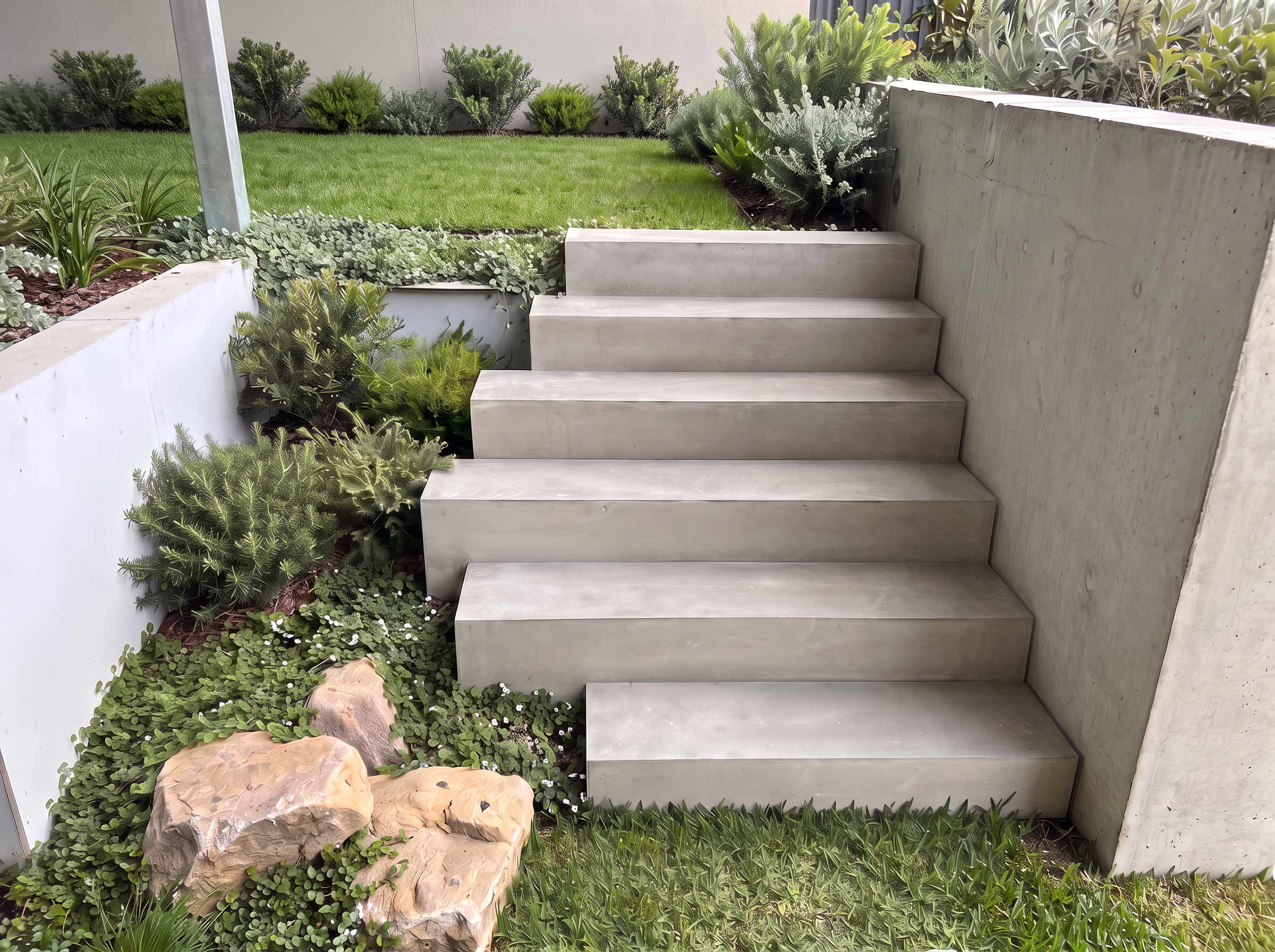 Honed concrete floating steps