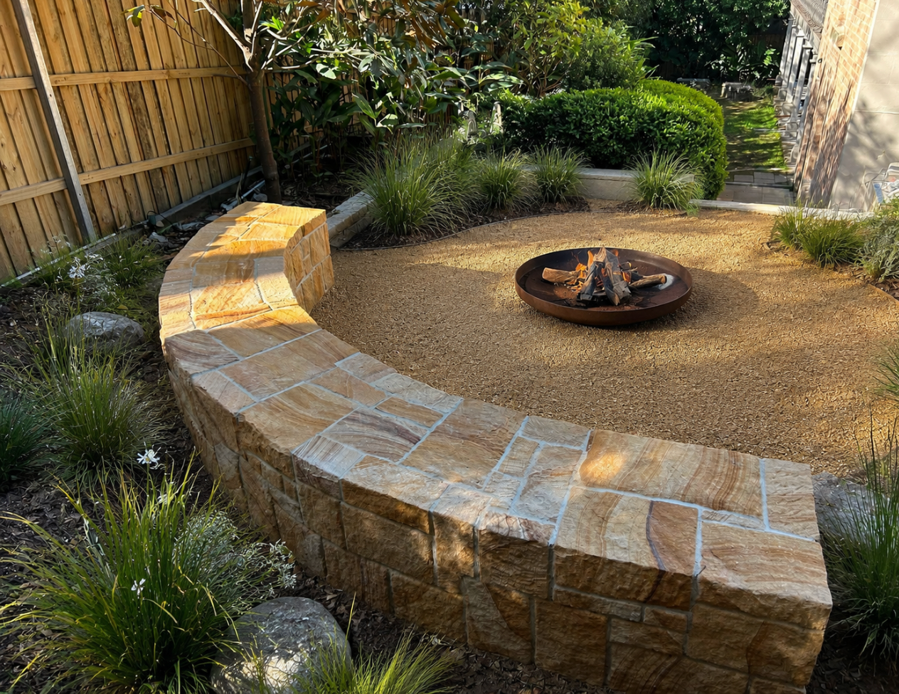 Sandstone fire pit with curved seating