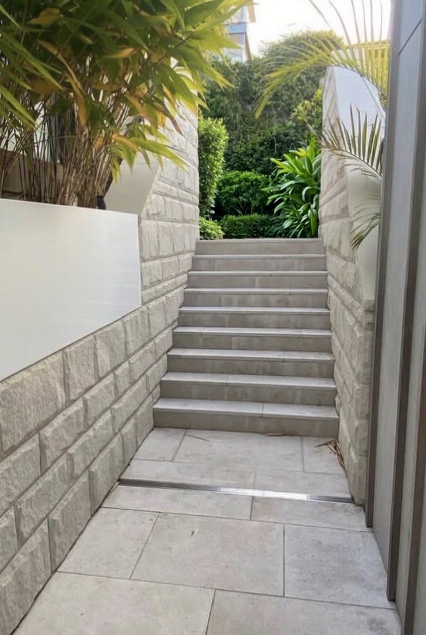 Side-passage steps with sandstone cladding