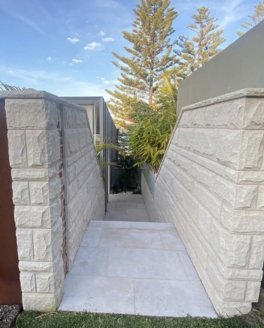 Rock-faced sandstone walls framing a paved entry walk
