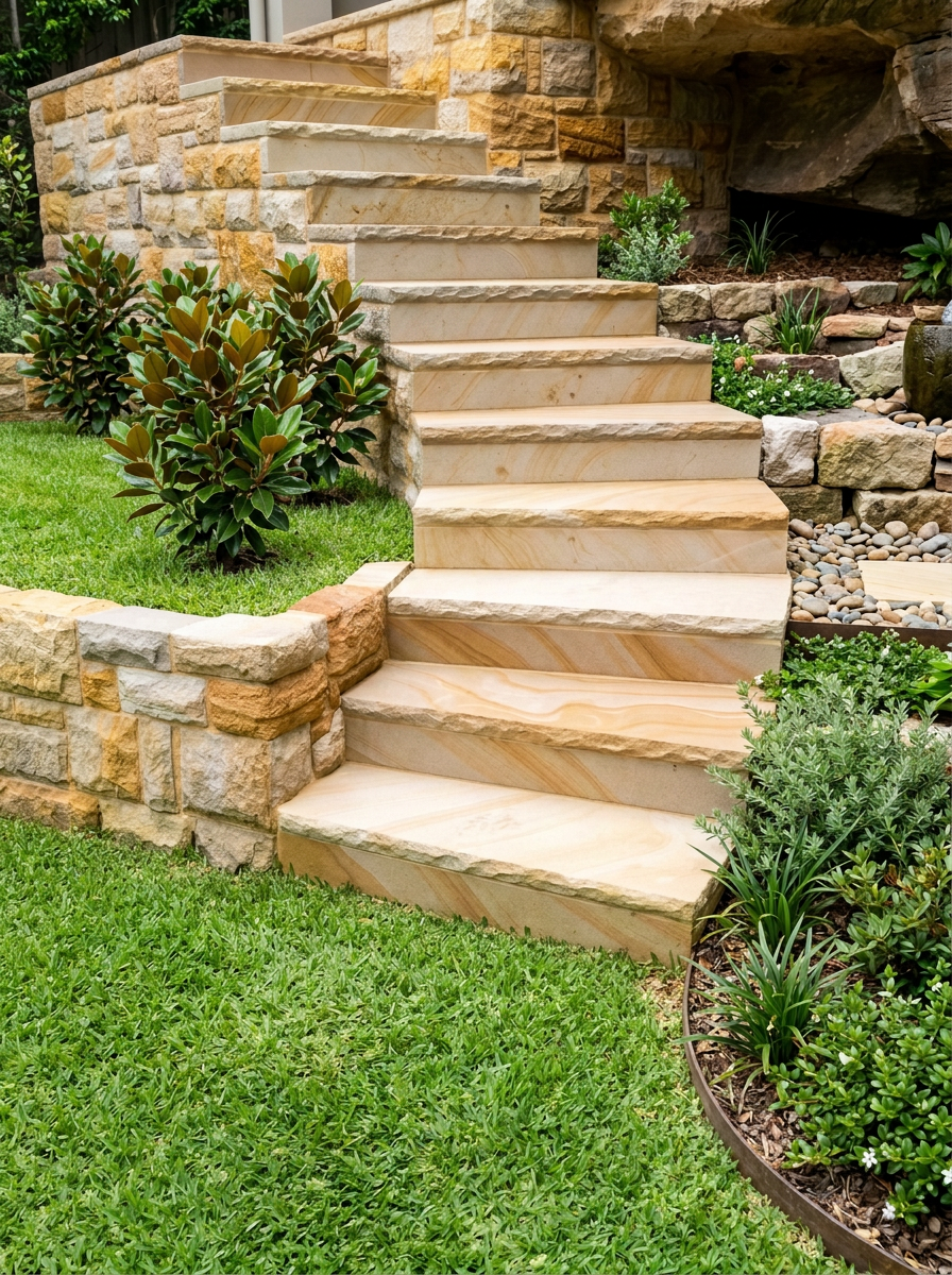 Sandstone staircase with split-face block wall