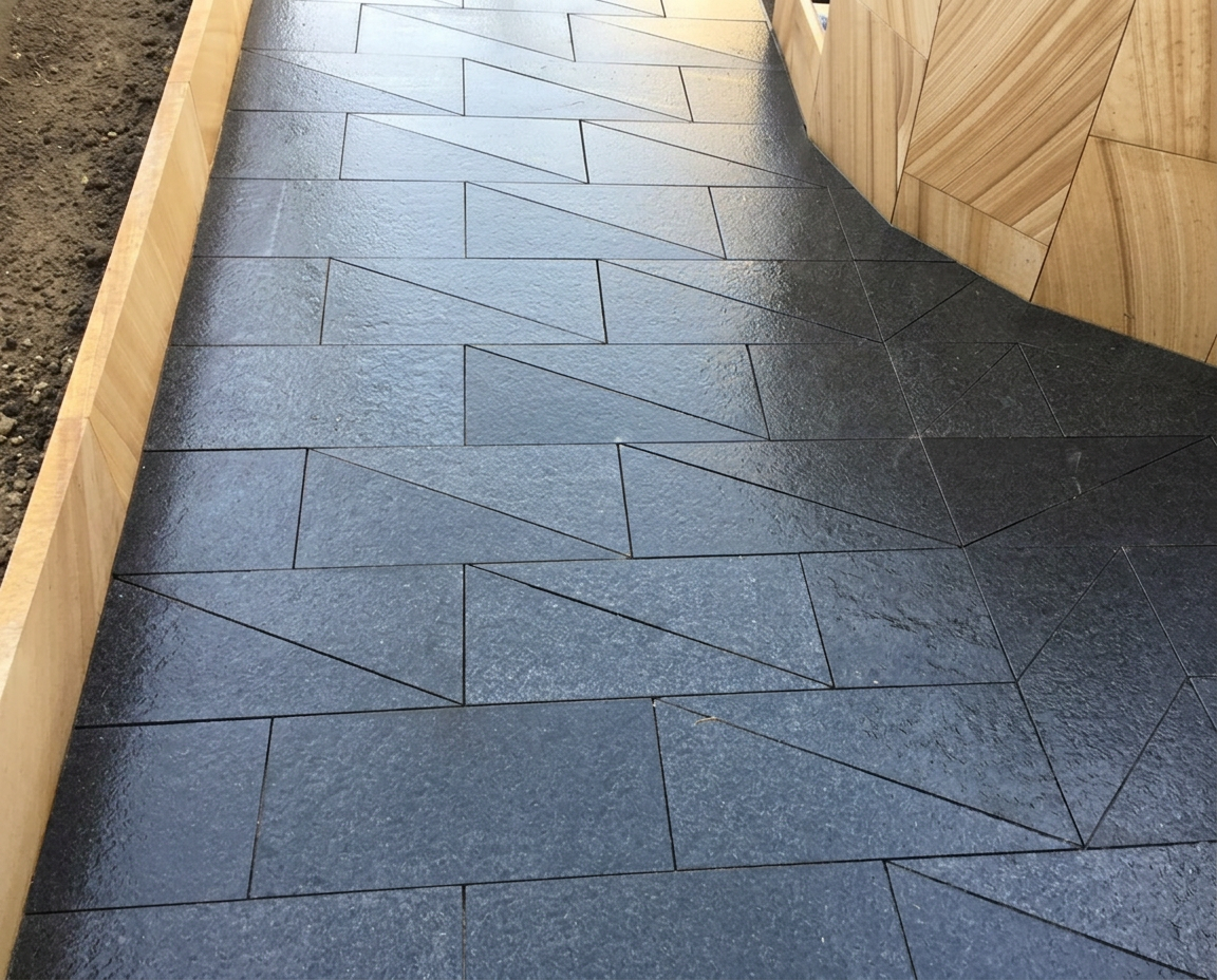 Black granite paving in a triangular pattern